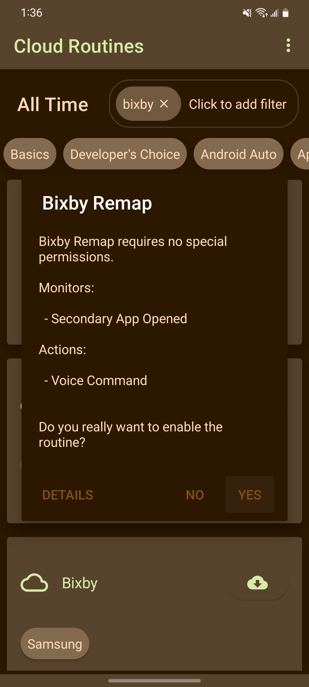 Akan mengunduh rutin Bixby Remap di aplikasi Tasker
