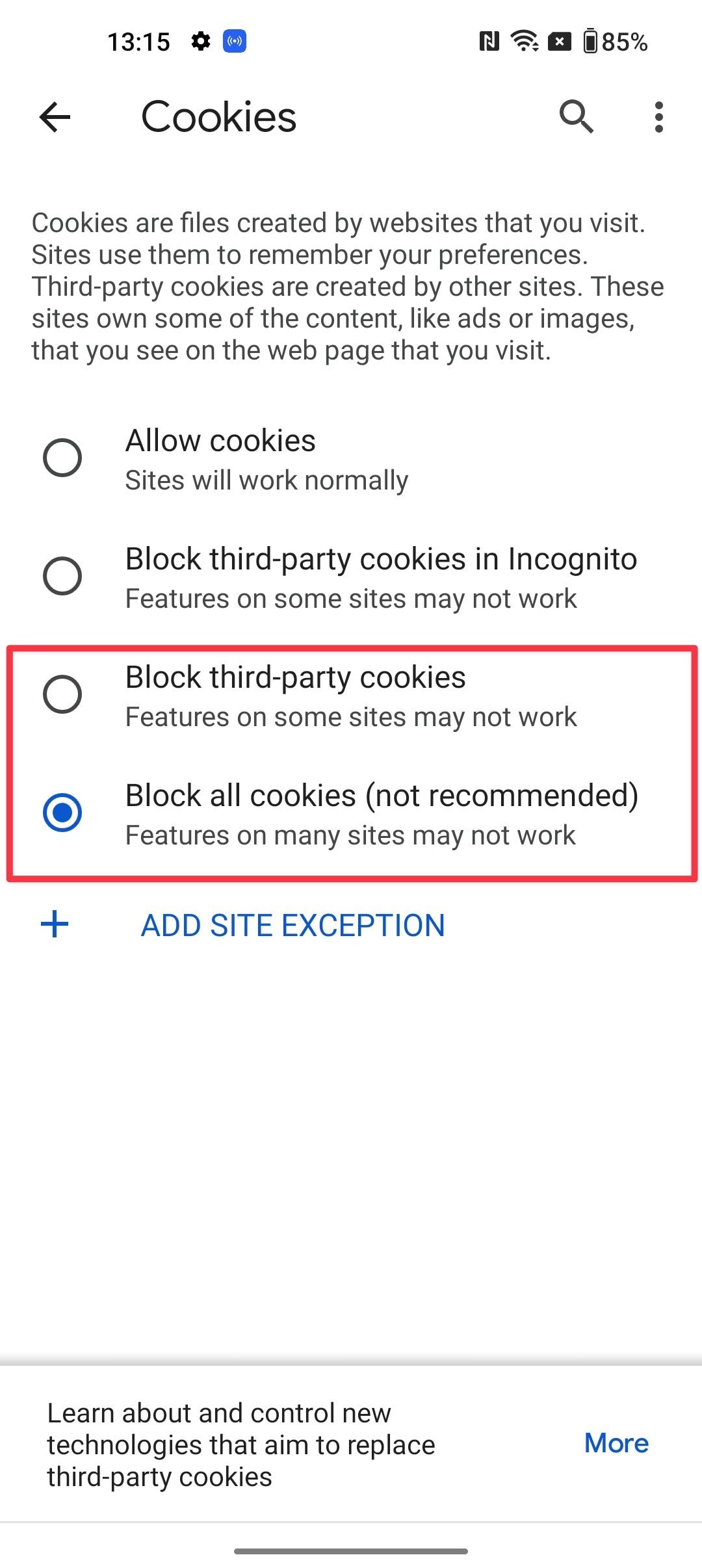 stop websites from storing cookies on your Android device in Chrome 3