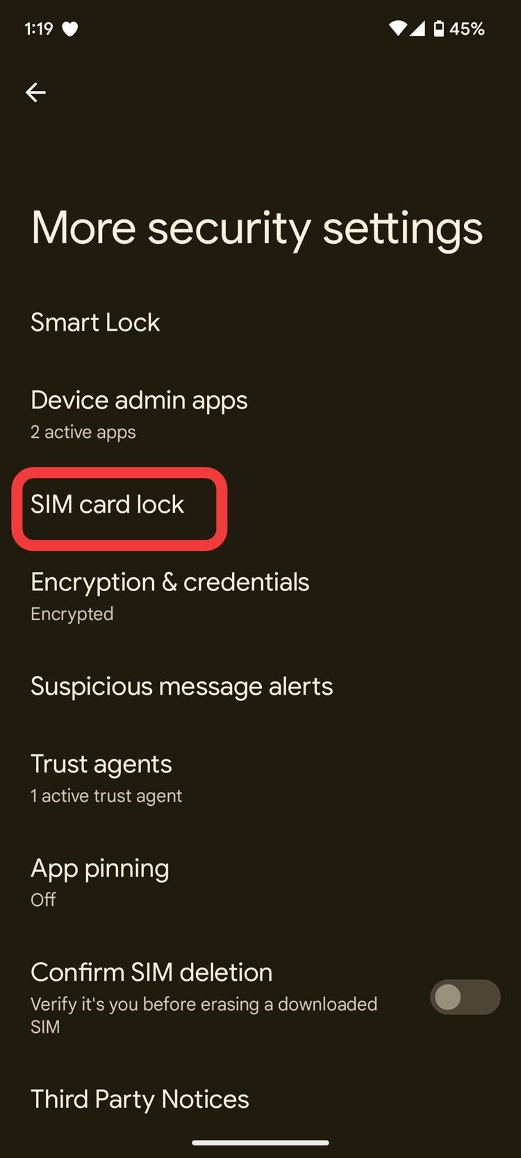 selecione o bloqueio do cartão SIM