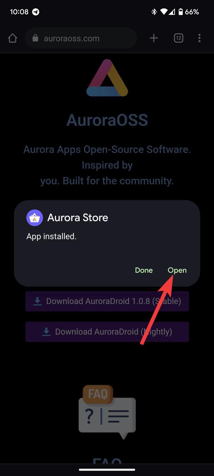 The Aurora Store dialog box letting you know the app is installed with a red arrow pointing to the Open button