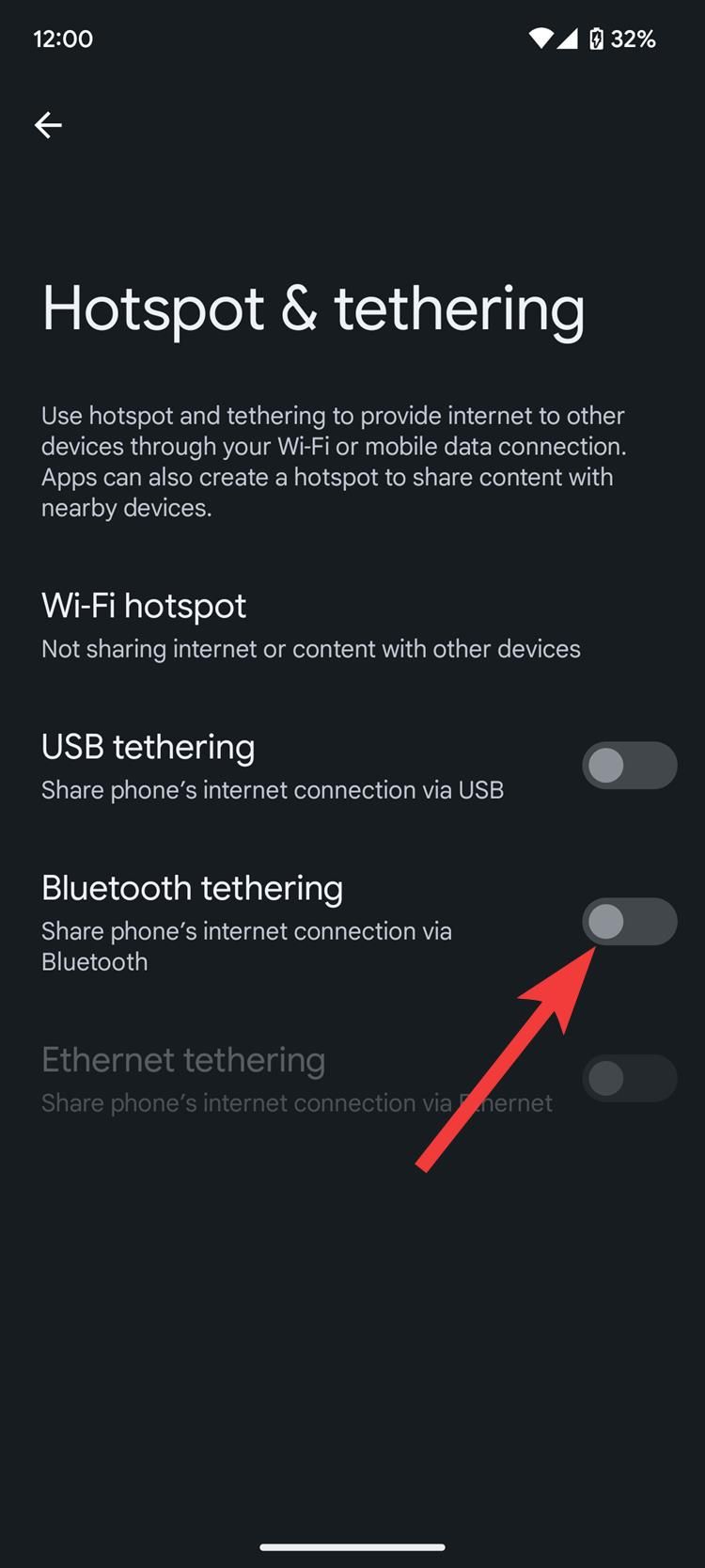 A screenshot of Android settings showing the Bluetooth tethering toggle.