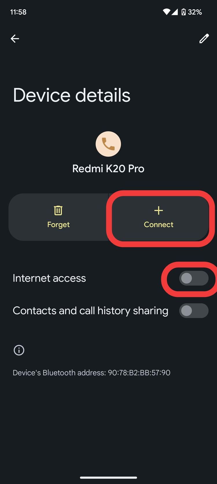 A screenshot of Android settings showing how to connect via Bluetooth and switch on internet access.