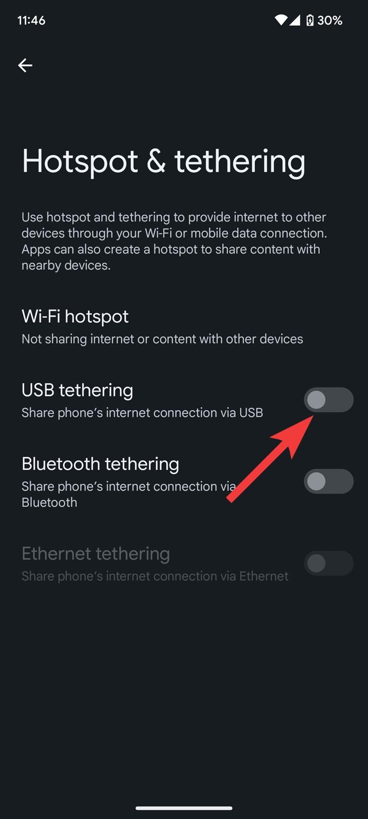 A screenshot of Android settings showing the USB tethering toggle.