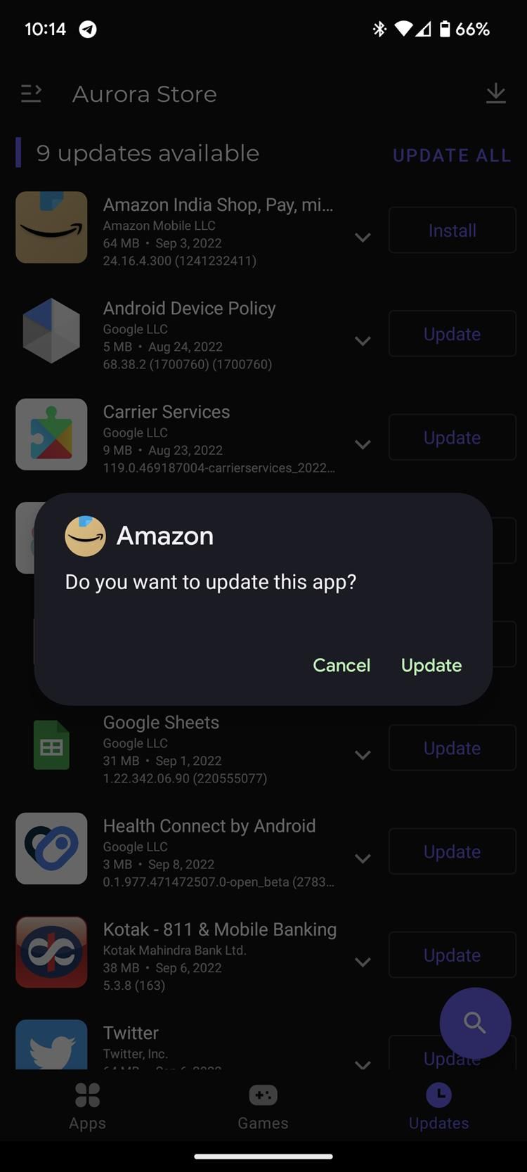 An update dialog box for the Amazon app in the Aurora Store app
