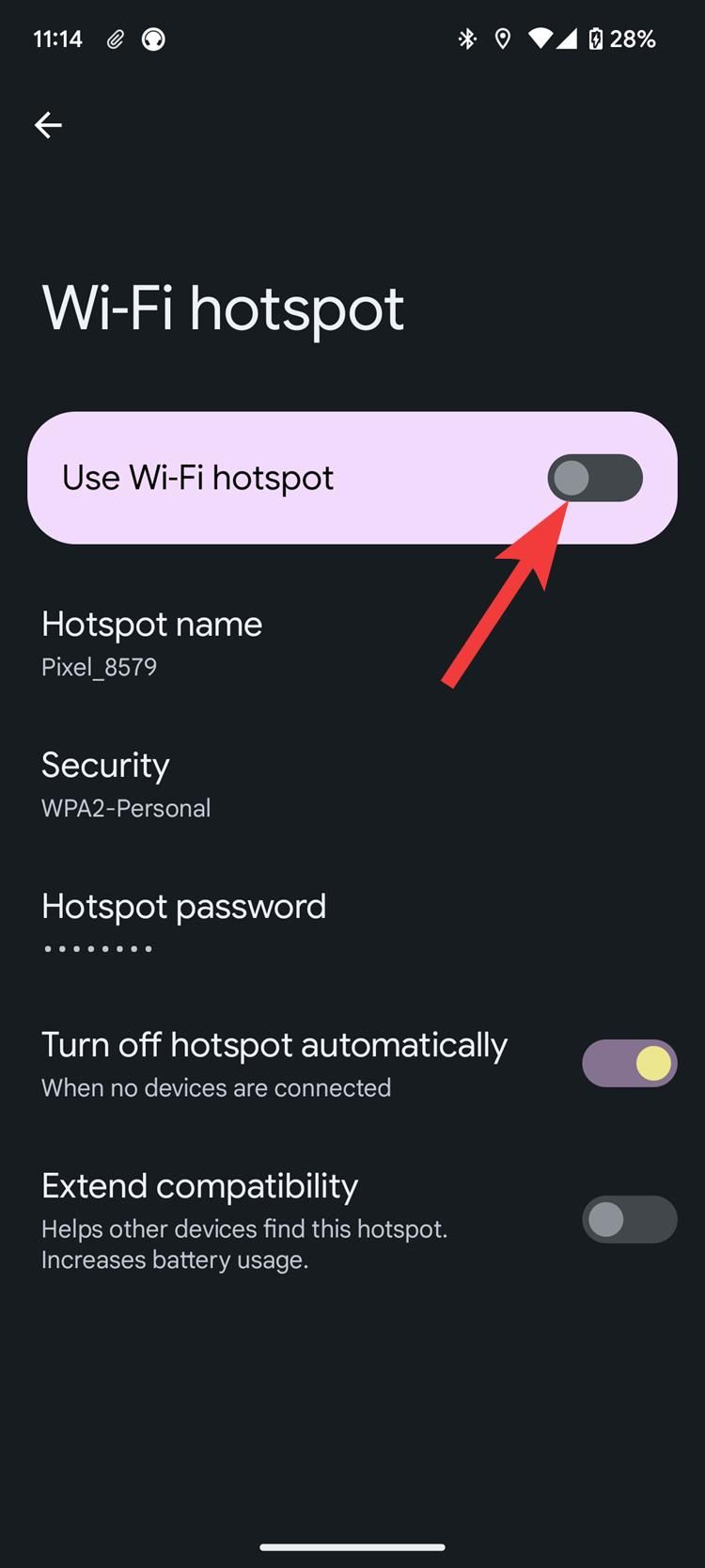A screenshot of Android settings showing the Wi-Fi hotspot toggle.
