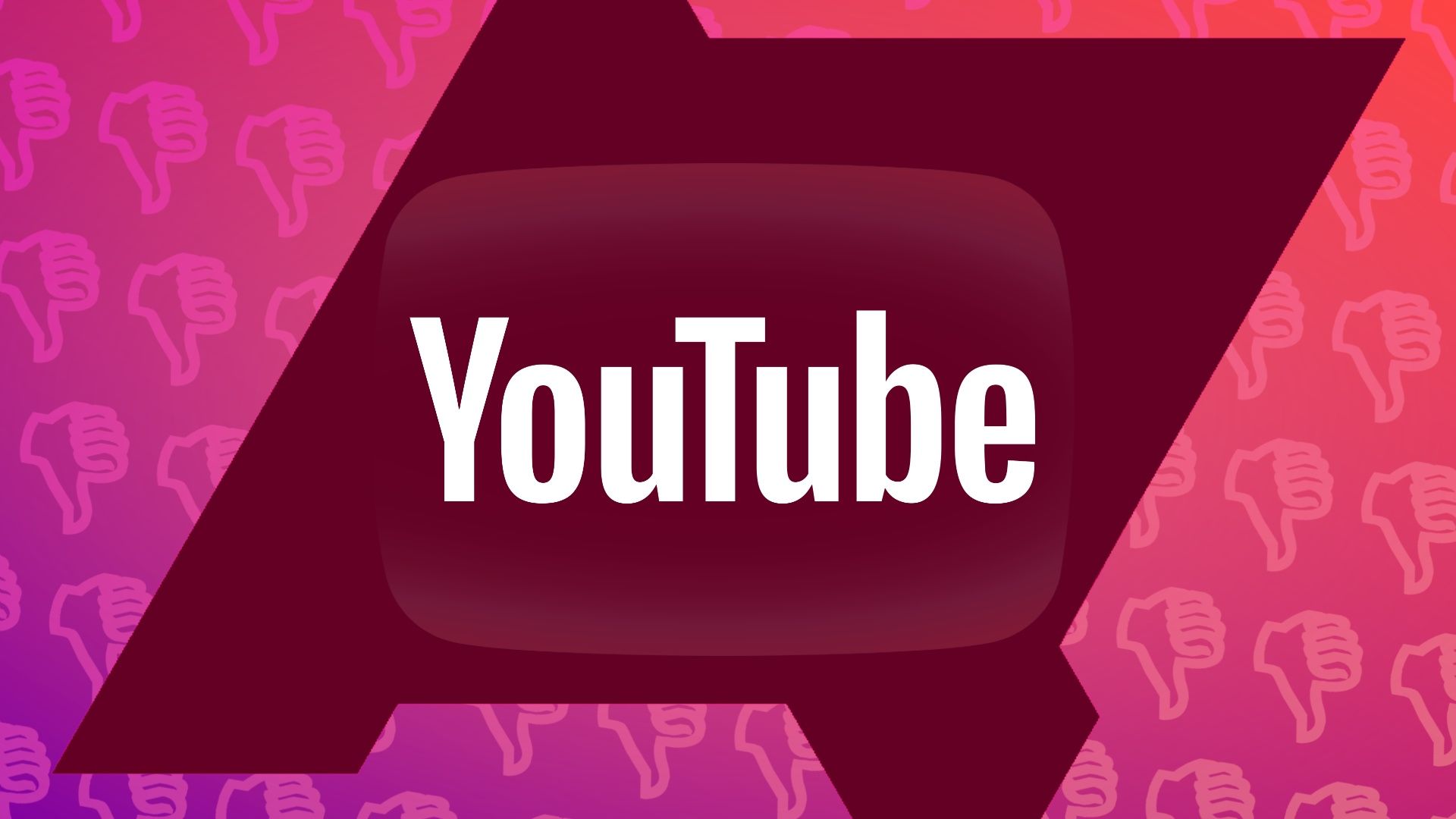 The YouTube logo against a wall of pink thumbs-down icons