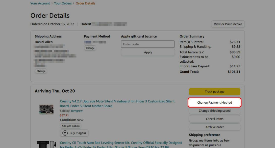 Select Change Payment Method at the right of the Amazon order