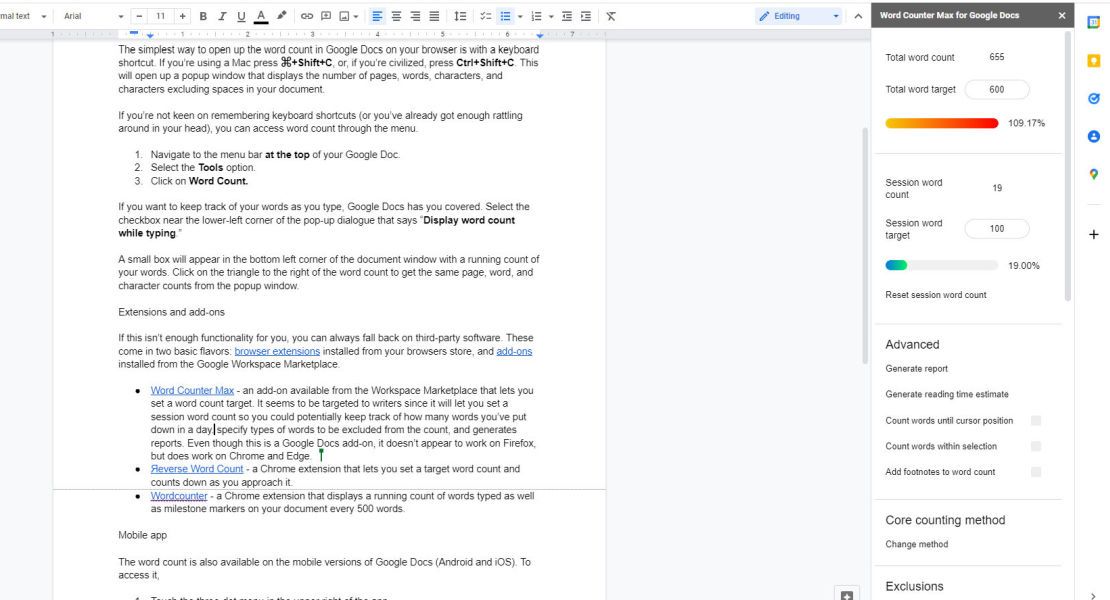 Google Docs Word Counter Max add-on open and running