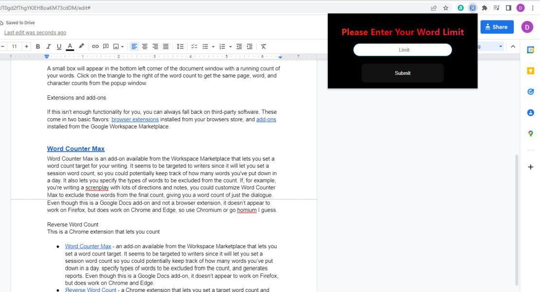 word limit input for Reverse Word Count Chrome extension being used with Google Docs