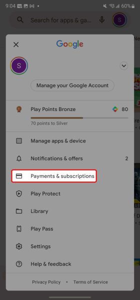 Google Play profile menu highlighting the Payments & subscriptions option