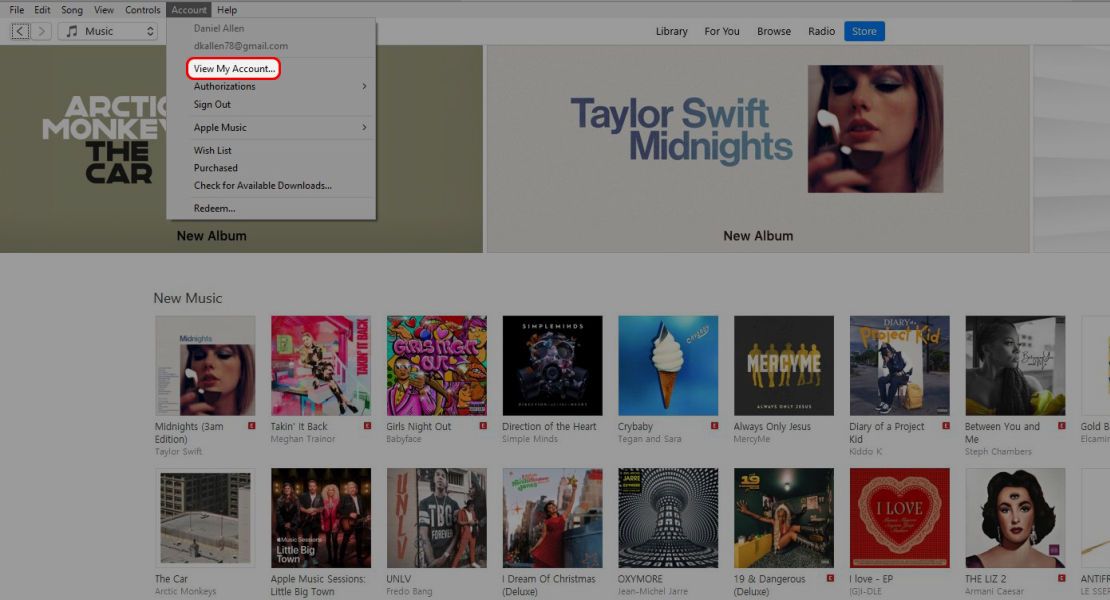 Menu Akun iTunes menyorot opsi Lihat Akun Saya