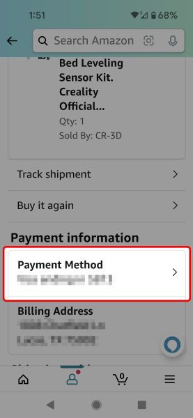 Change your payment method under order details on Amazon mobile app