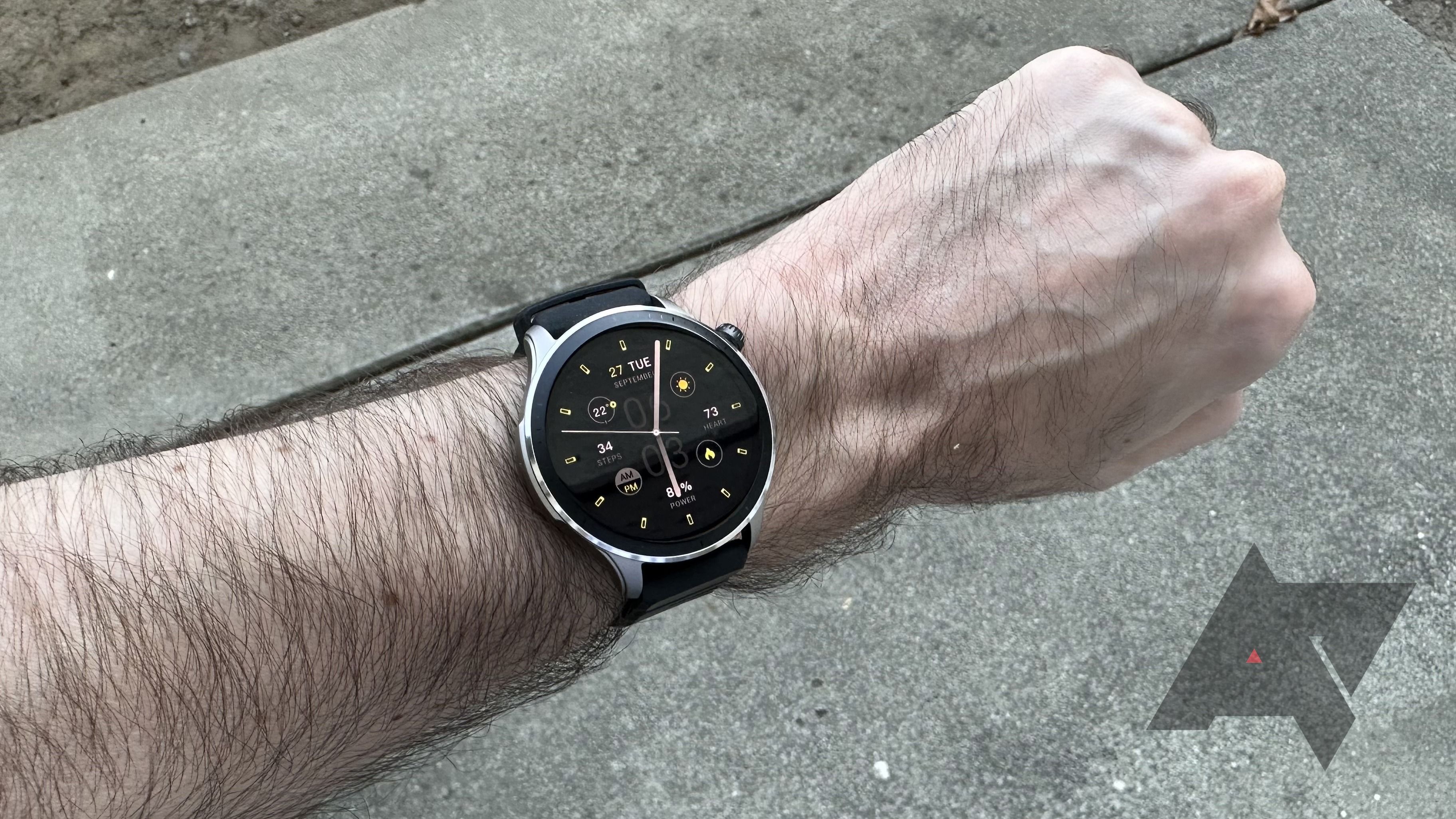 Amazfit's GTR 4 smartwatch on a wrist, outside