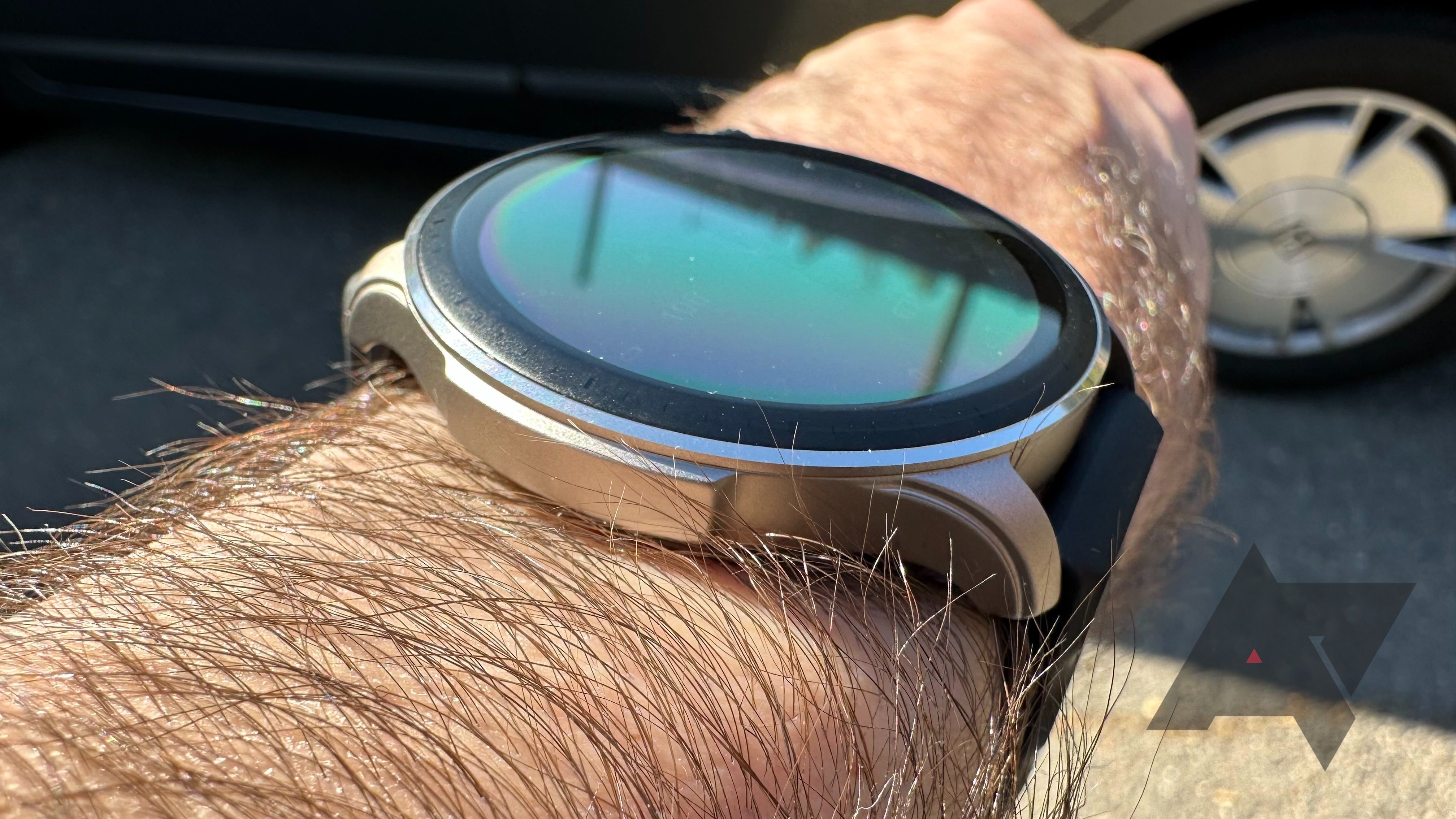 Amazfit's GTR 4 smartwatch, outside in the sun