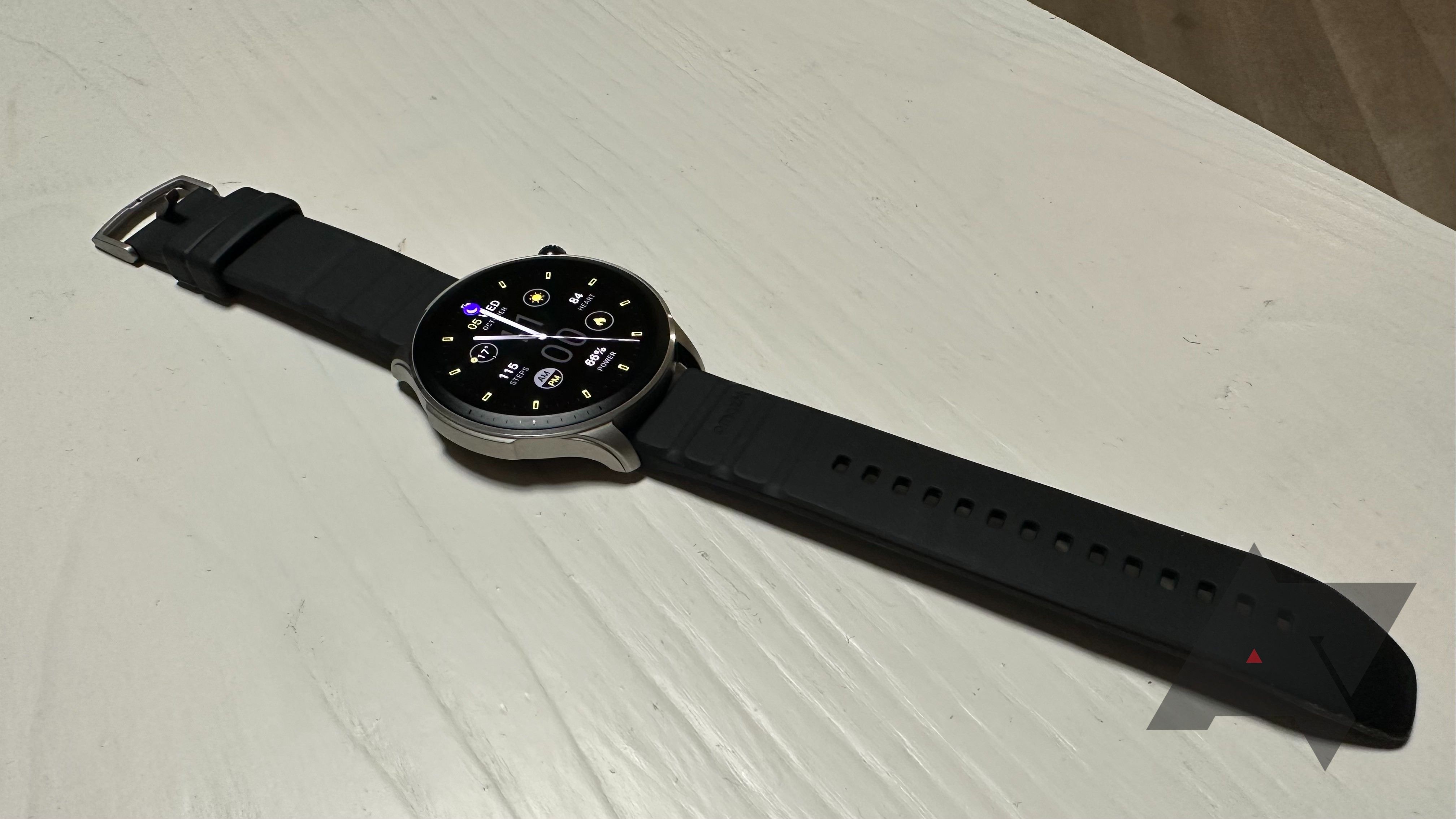 Amazfit's GTR 4 smartwatch, sitting on a table