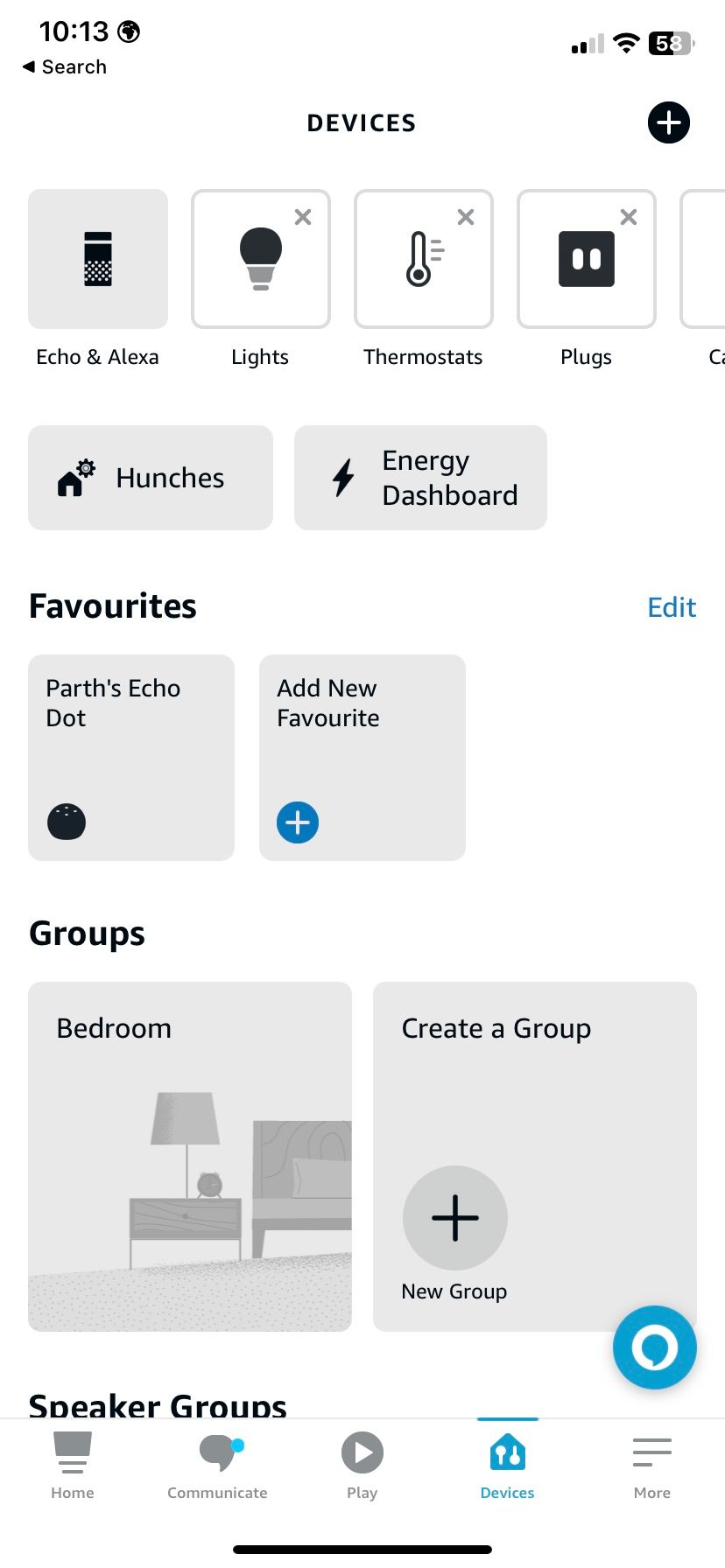 The Amazon Alexa app showing the "Devices" tab page.