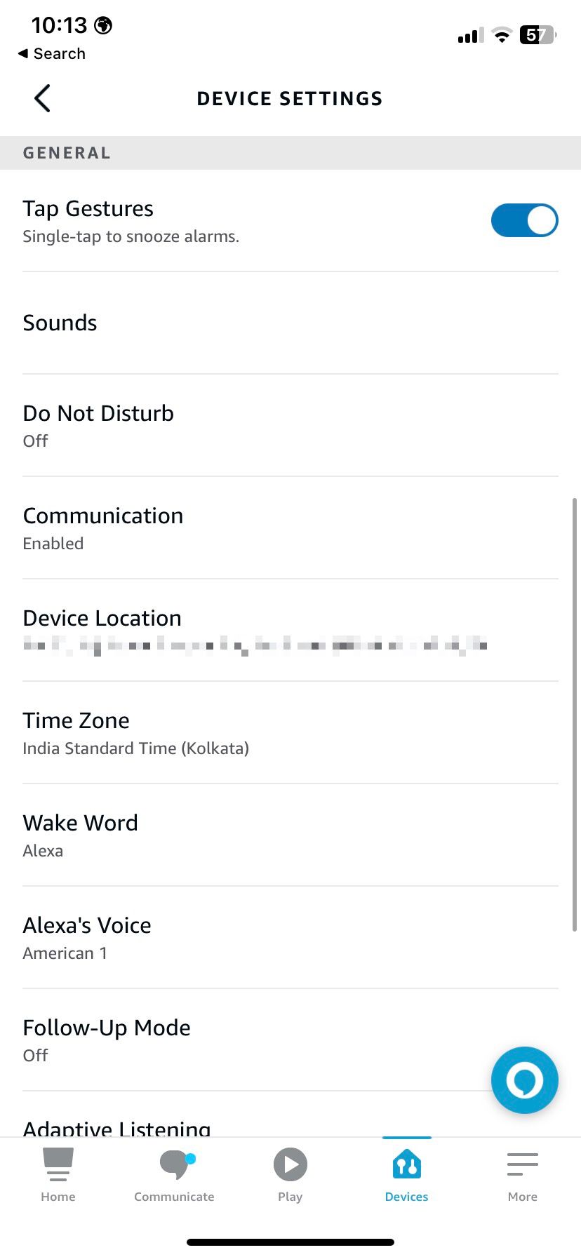 The Amazon Alexa app's Echo device settings page.