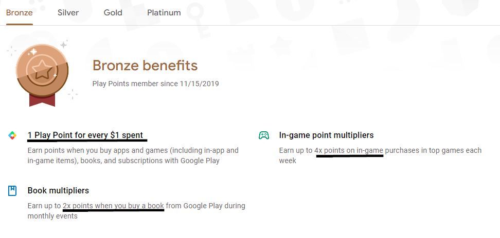 screenshot of google play points bronze tier rewards