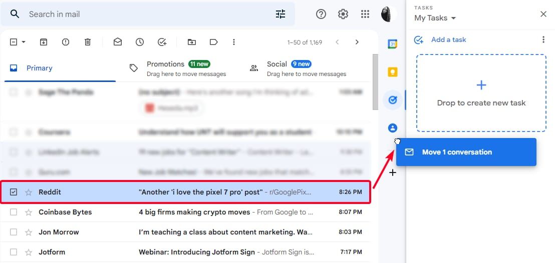 Dragging and dropping emails into Google Tasks Chrome add-on