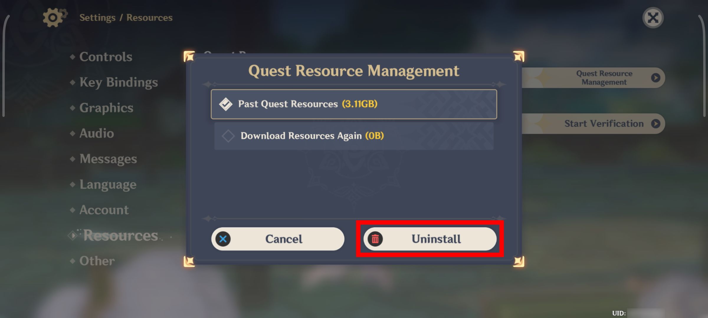 Red rectangle outline over uninstall button for quest resource management in Genshin Impact on Android
