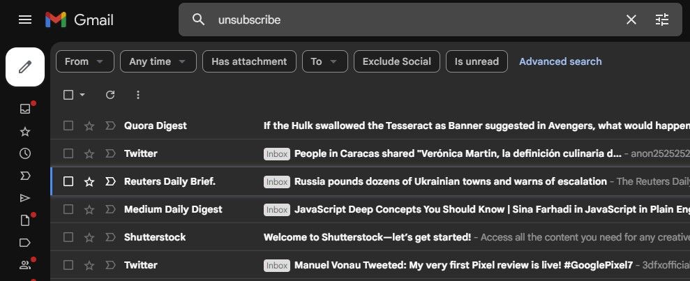 The Gmail inbox showing the search box to find messages with an unsubscribe link