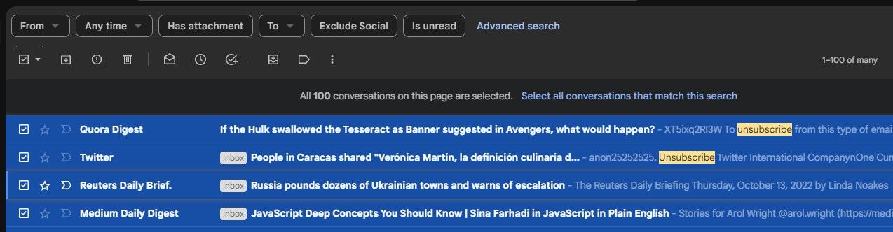Gmail search results showing messages with 'unsubscribe' in the message