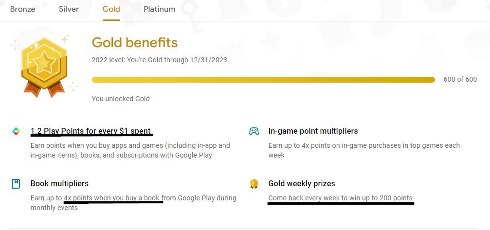 screenshot of google play points gold tier rewards