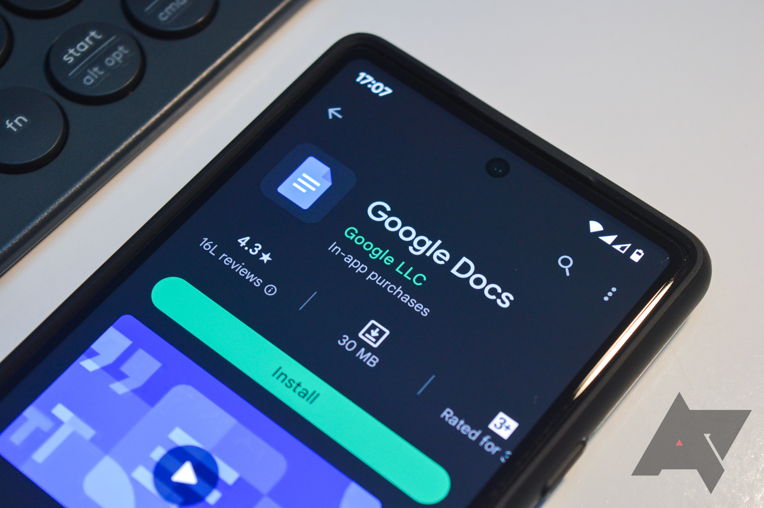 A phone screen showing the Google Docs app in the Google Play Store