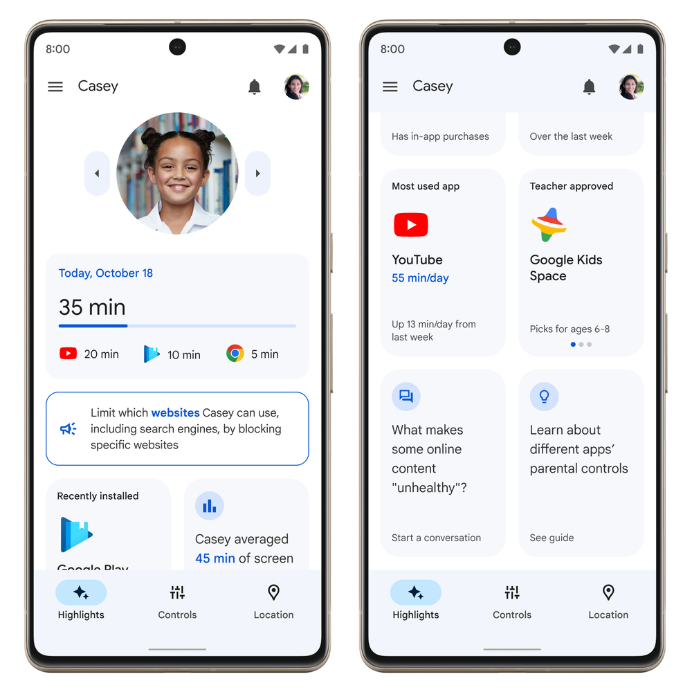 The redesigned Highlights tab of the Google Family Link app