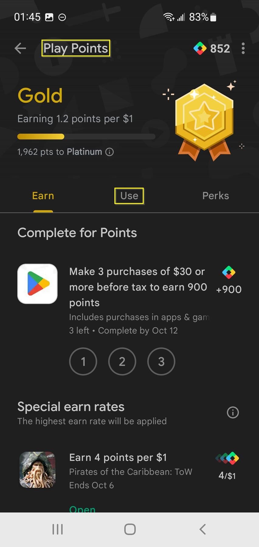 screenshot of play points reward options
