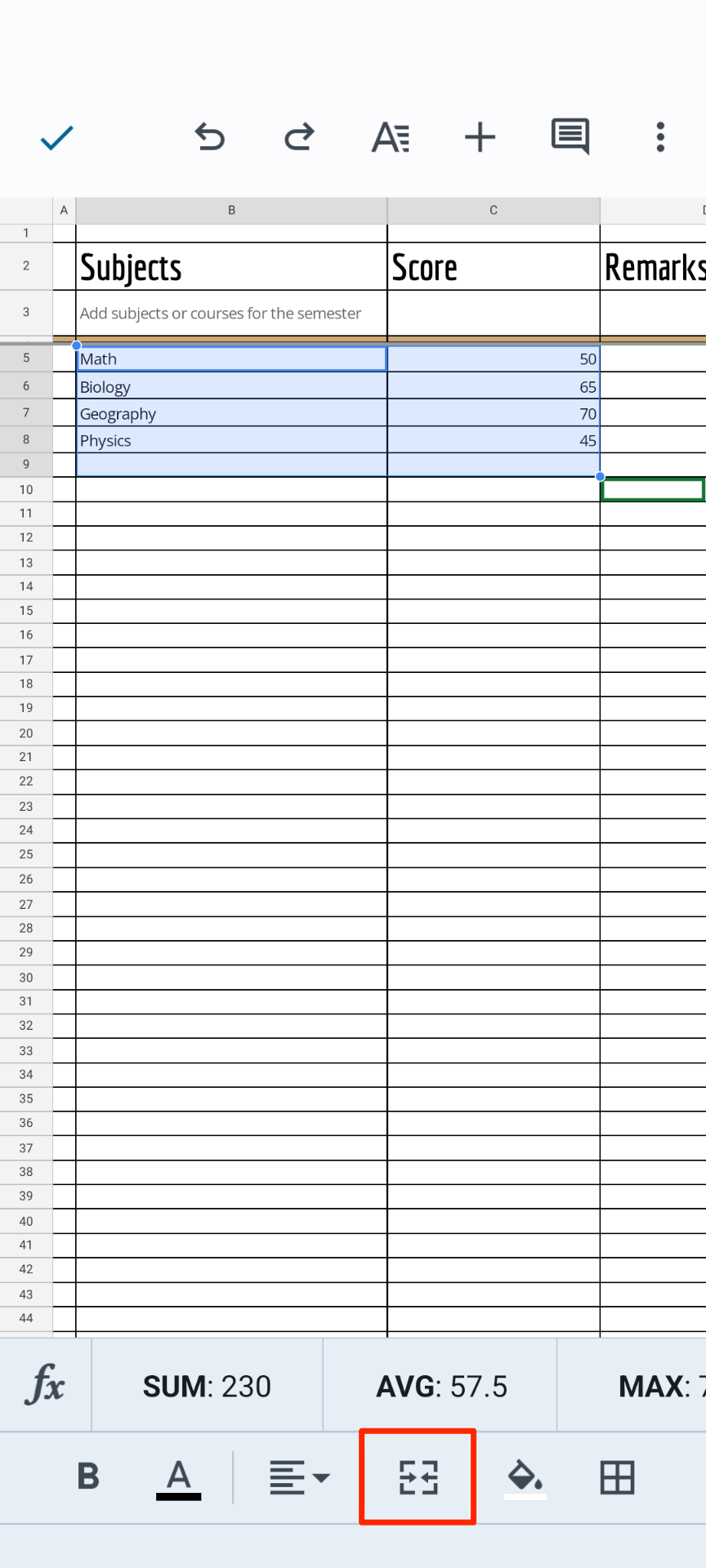 A Google Sheets page on Android with a few cells selected and merge cell option highlighted