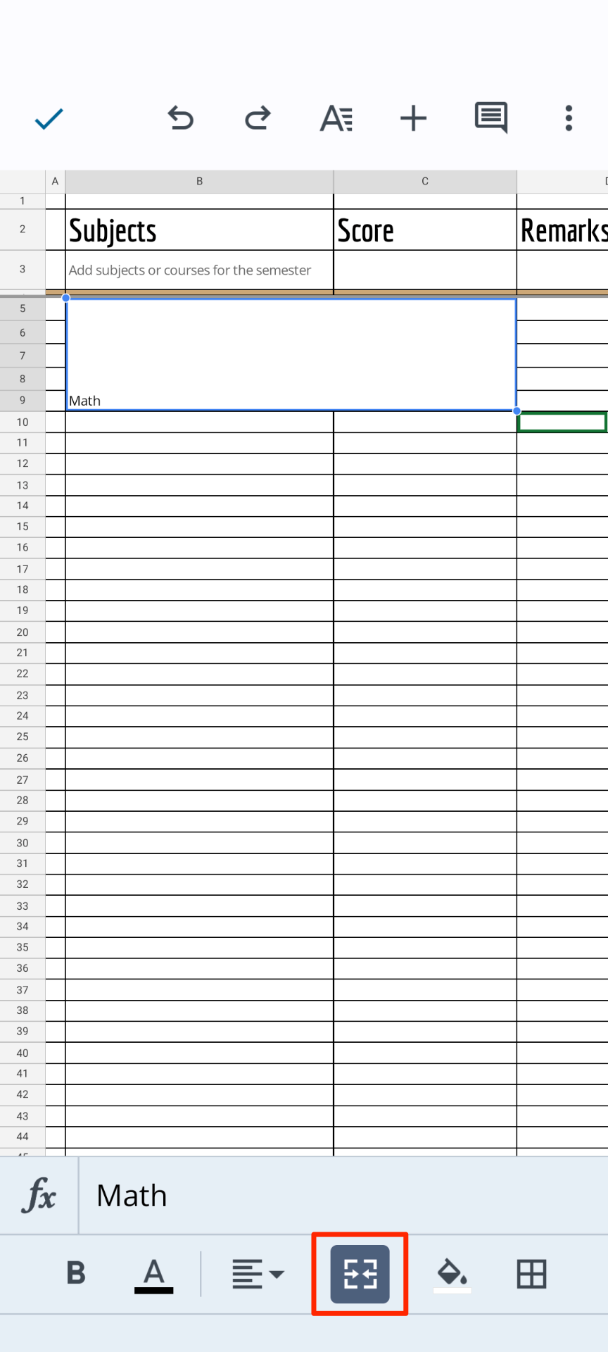A Google Sheets page on Android with a merged cell selected and Unmerge option highlited