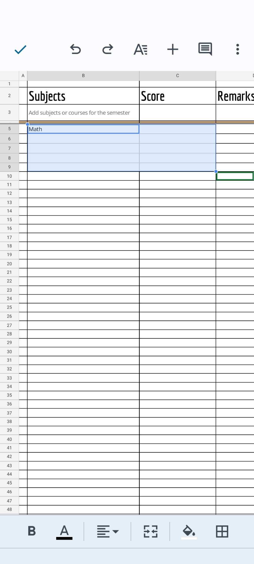 A Google Sheets page on Android showing an unmerged cell