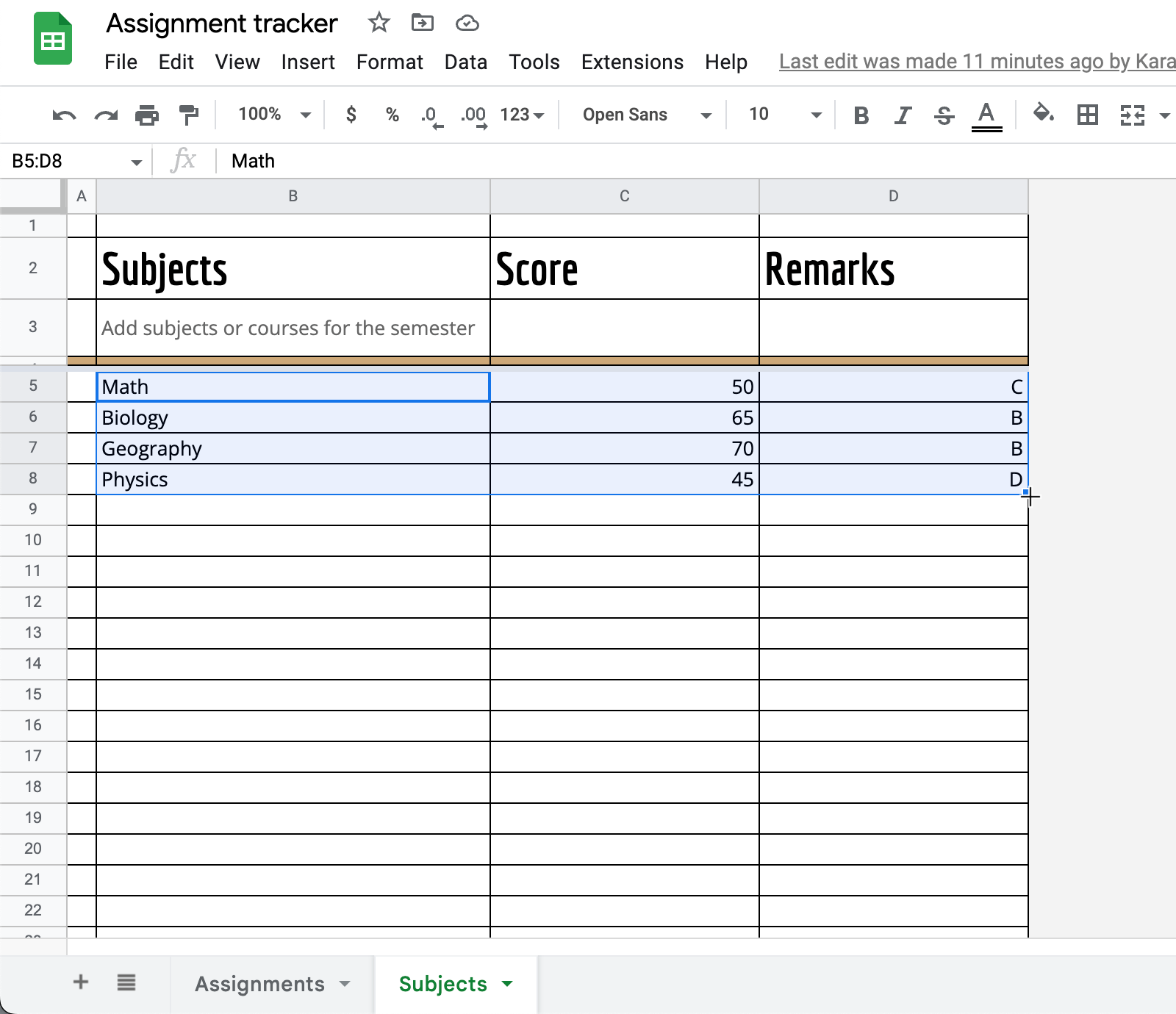 A Google Sheets page with some rows and columns selected