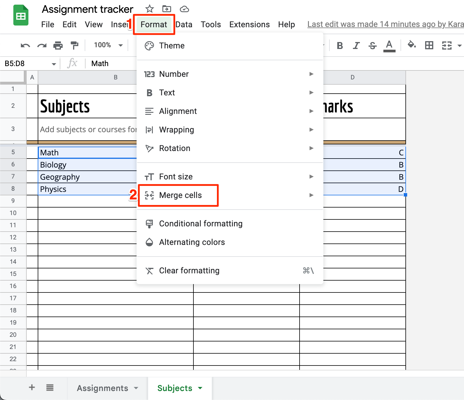 A Google Sheets page with Format option open and Merge cells highlighted
