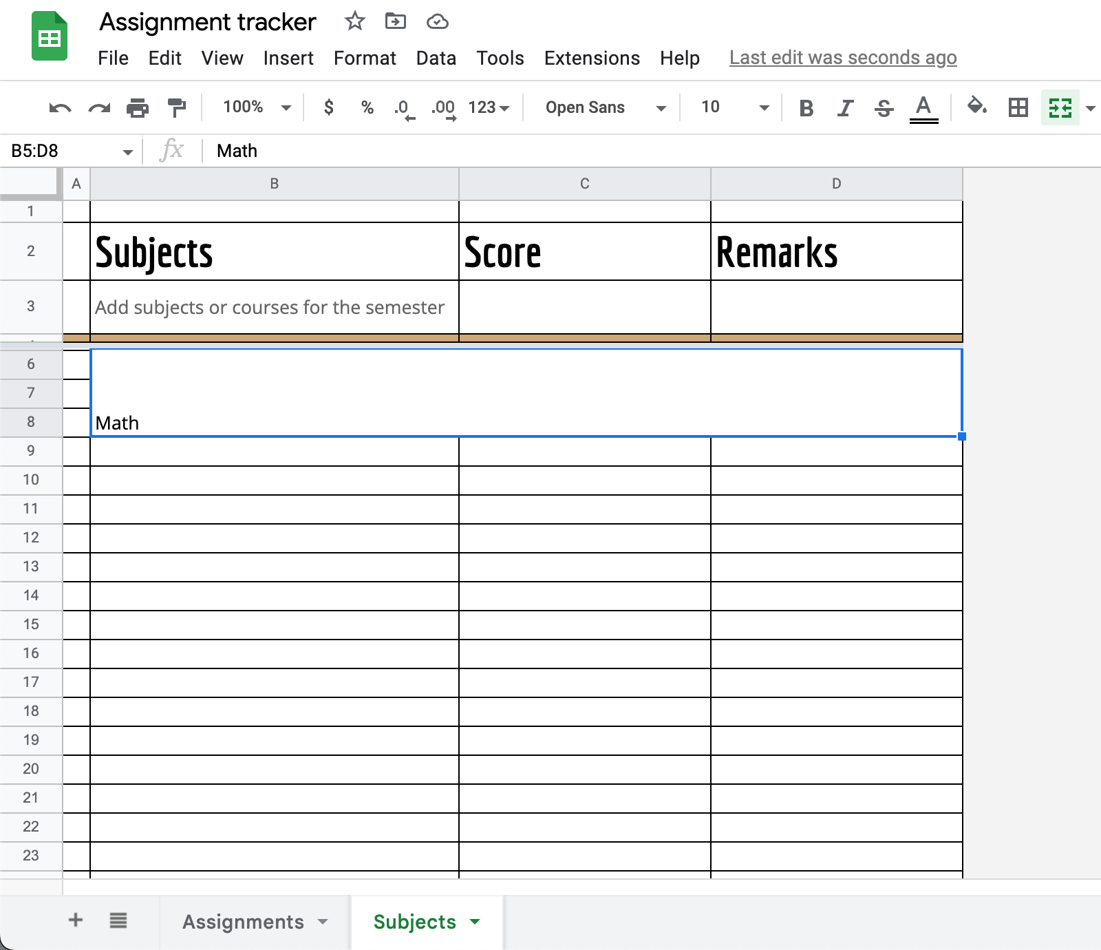 A Google Sheets page with a merged cells selected
