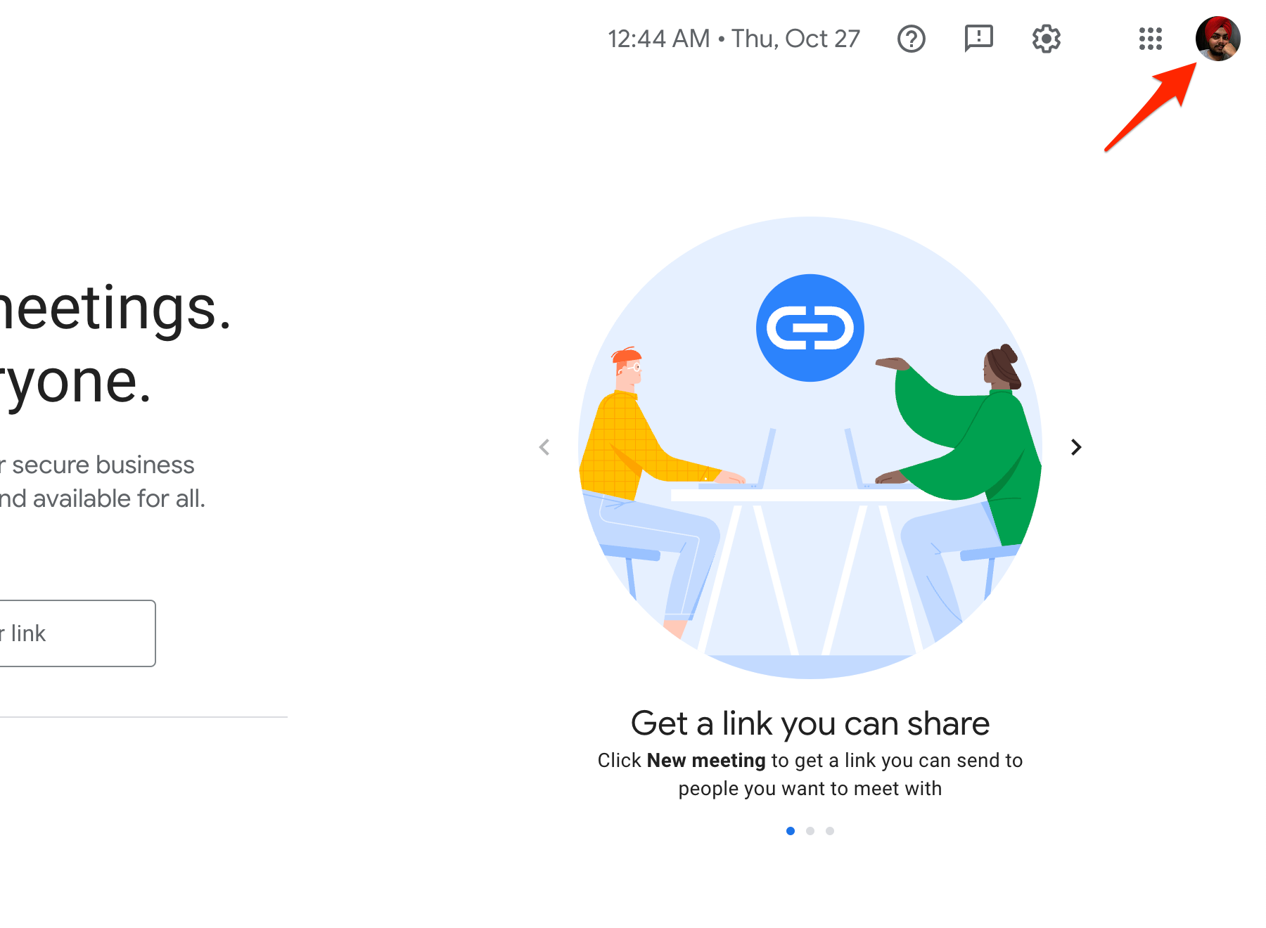 Select your Google account in Google Meet