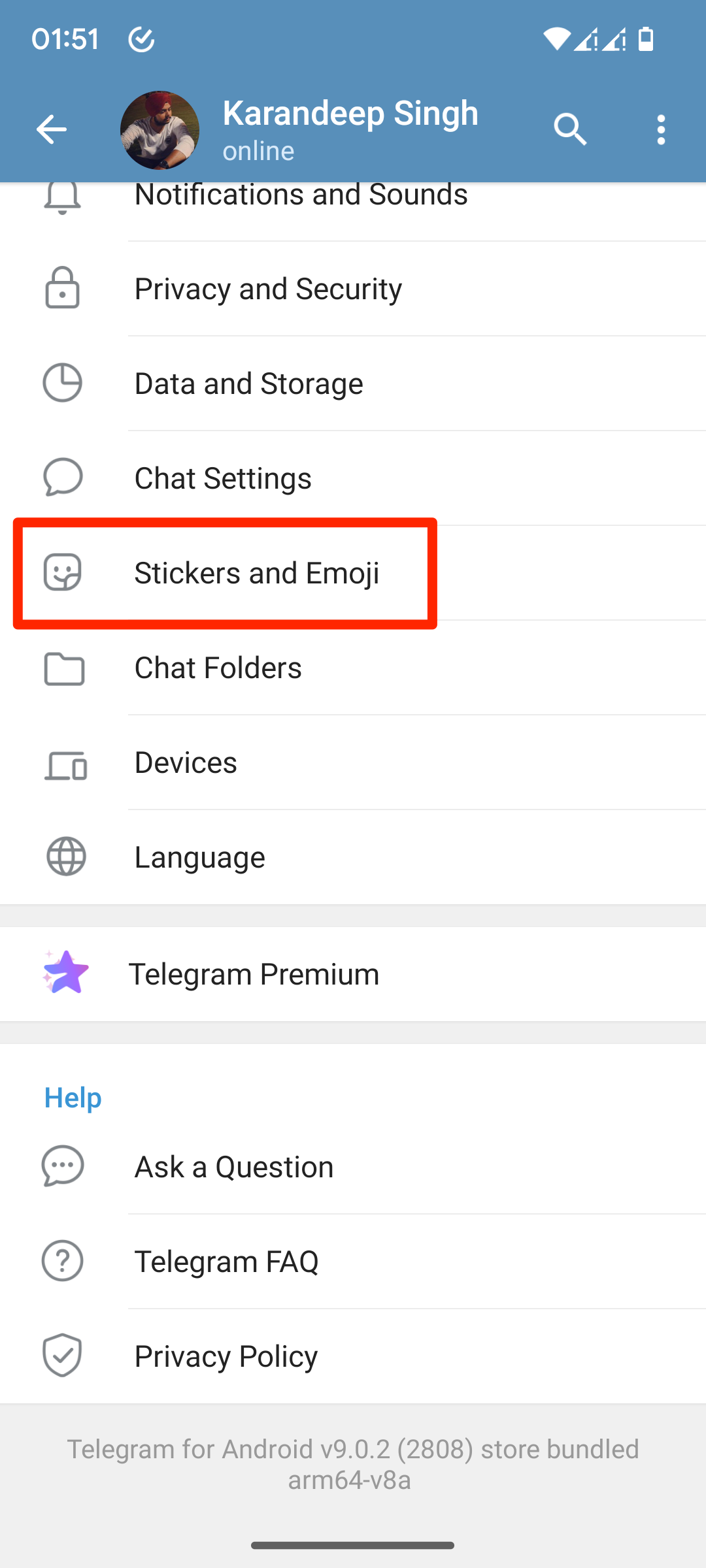 Telegram untuk Android Stiker dan opsi emoji
