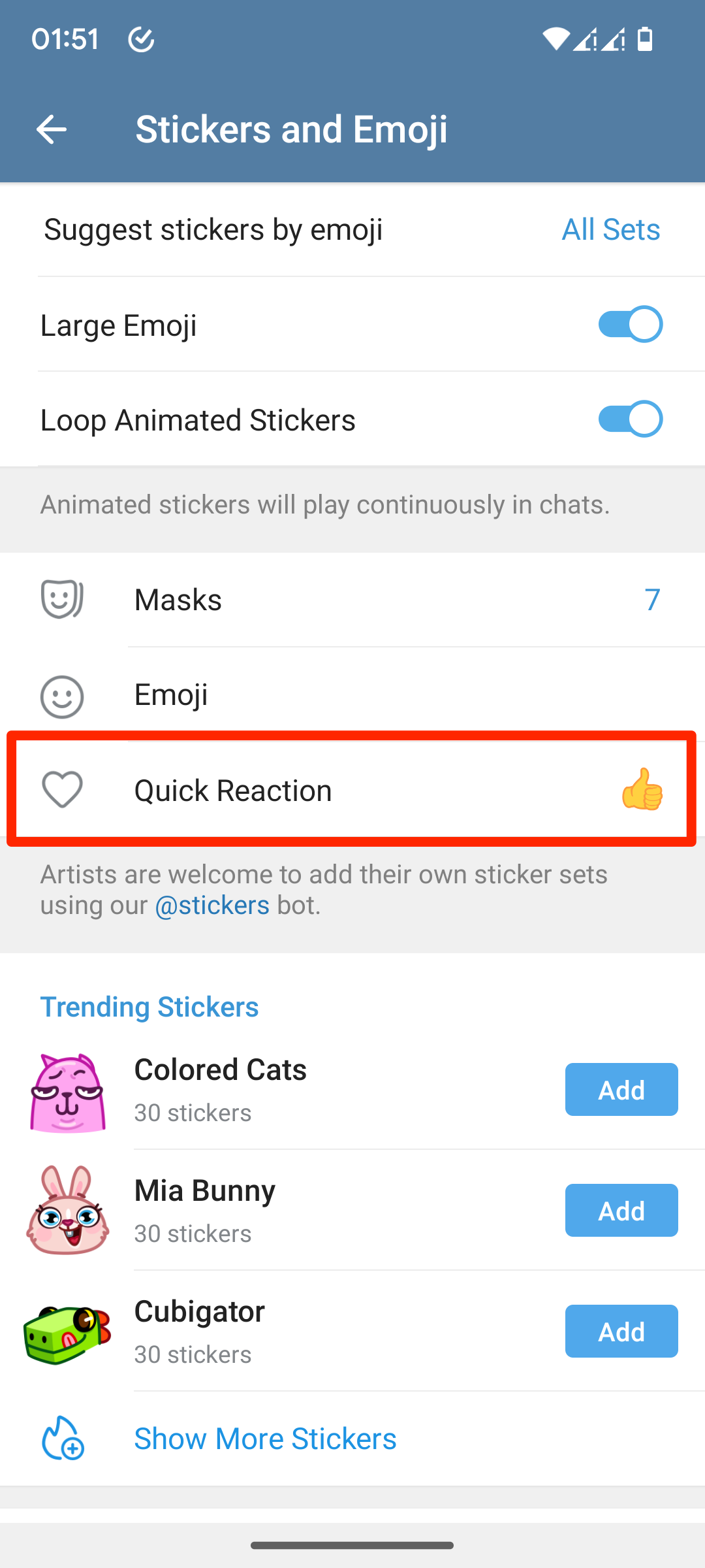 Pengaturan Reaksi Cepat Telegram untuk Android