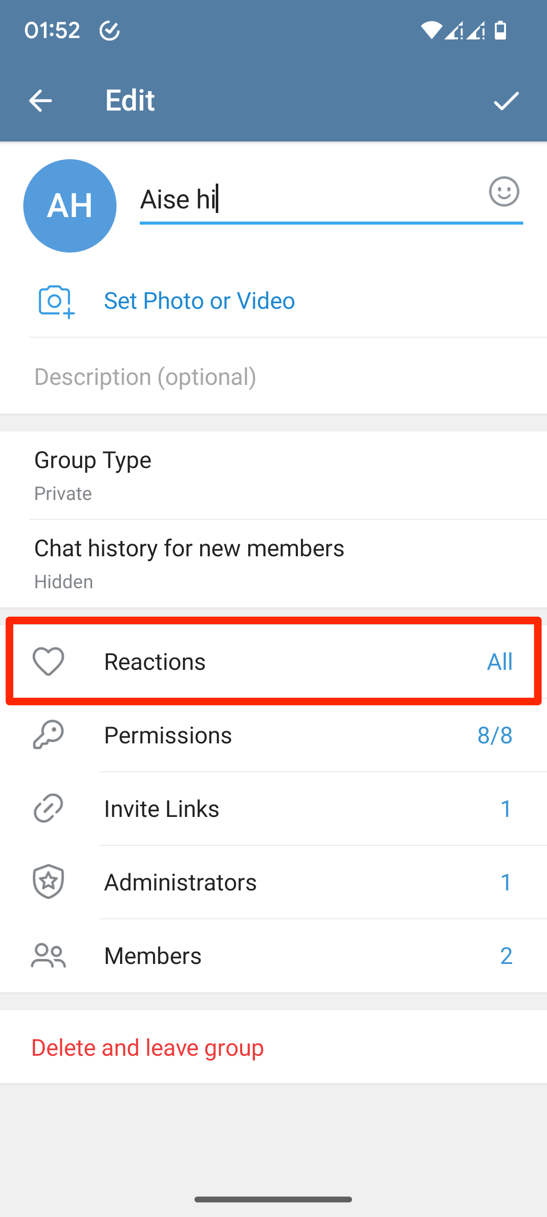 Izin reaksi grup jendela obrolan Telegram