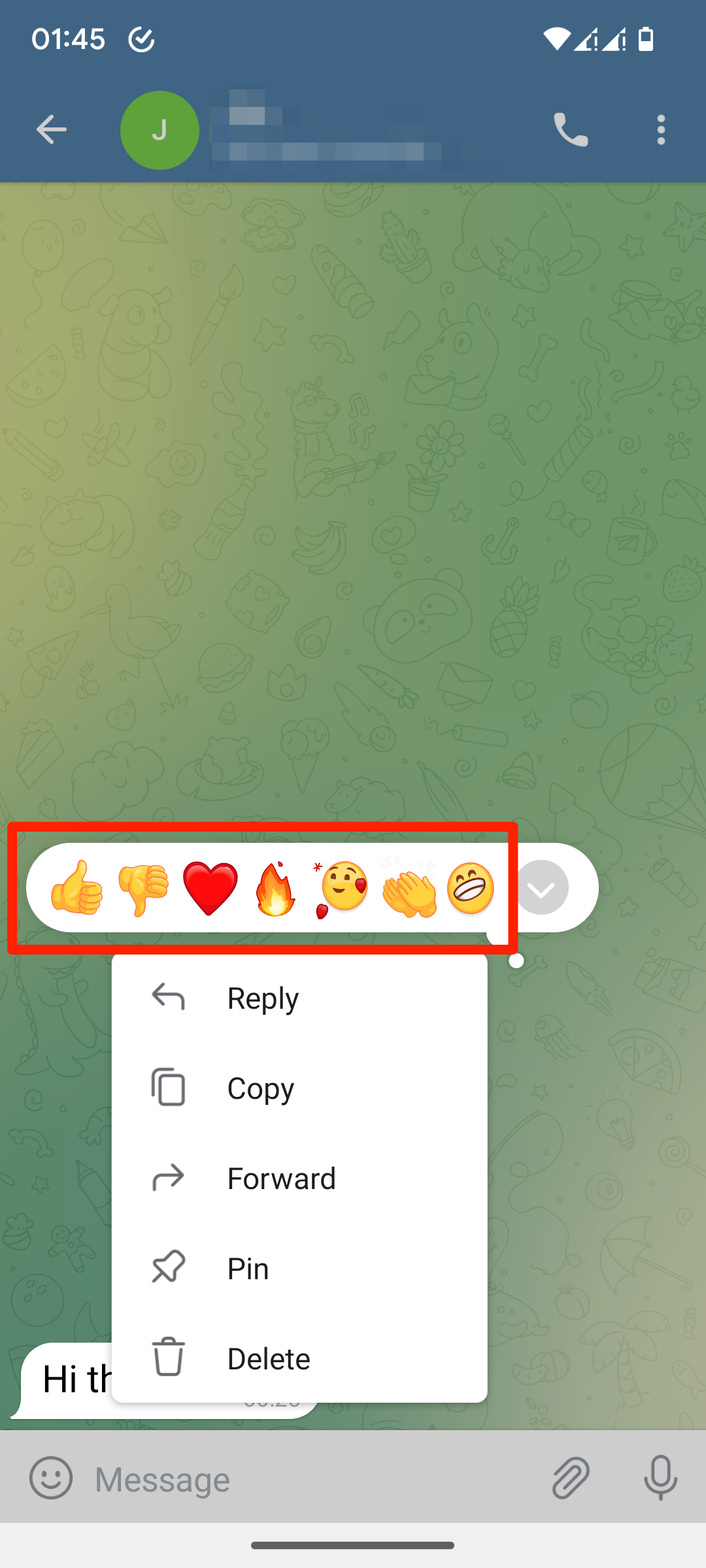 Opsi reaksi emoji jendela obrolan Telegram