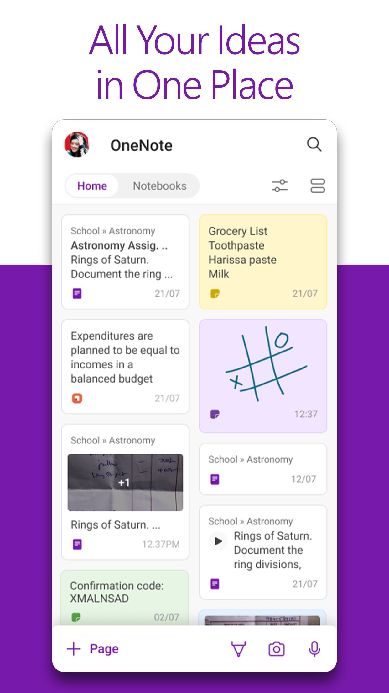 General layout of Microsoft's OneNote home screen