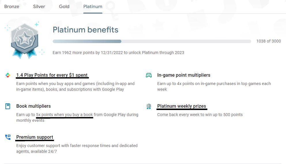 screenshot of google play points platinum tier rewards