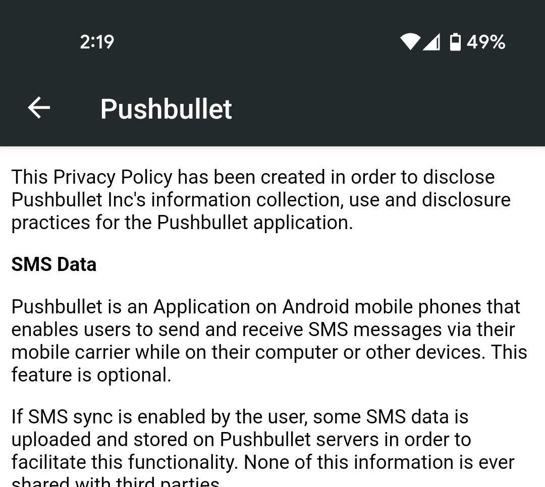 Pushbullet In-App Privacy Policy Page