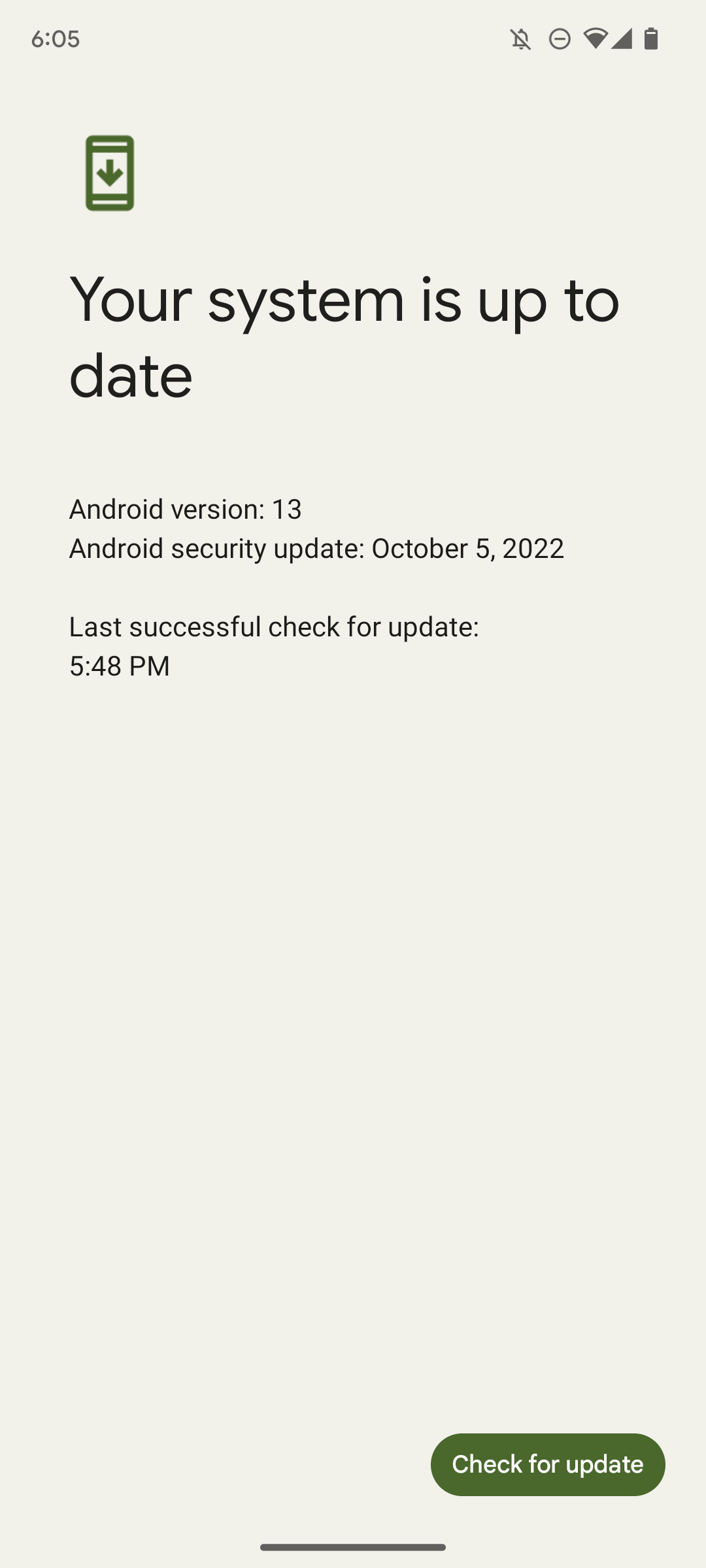 Screenshot of Google Pixel 7's system update screen, showing that it is up to date