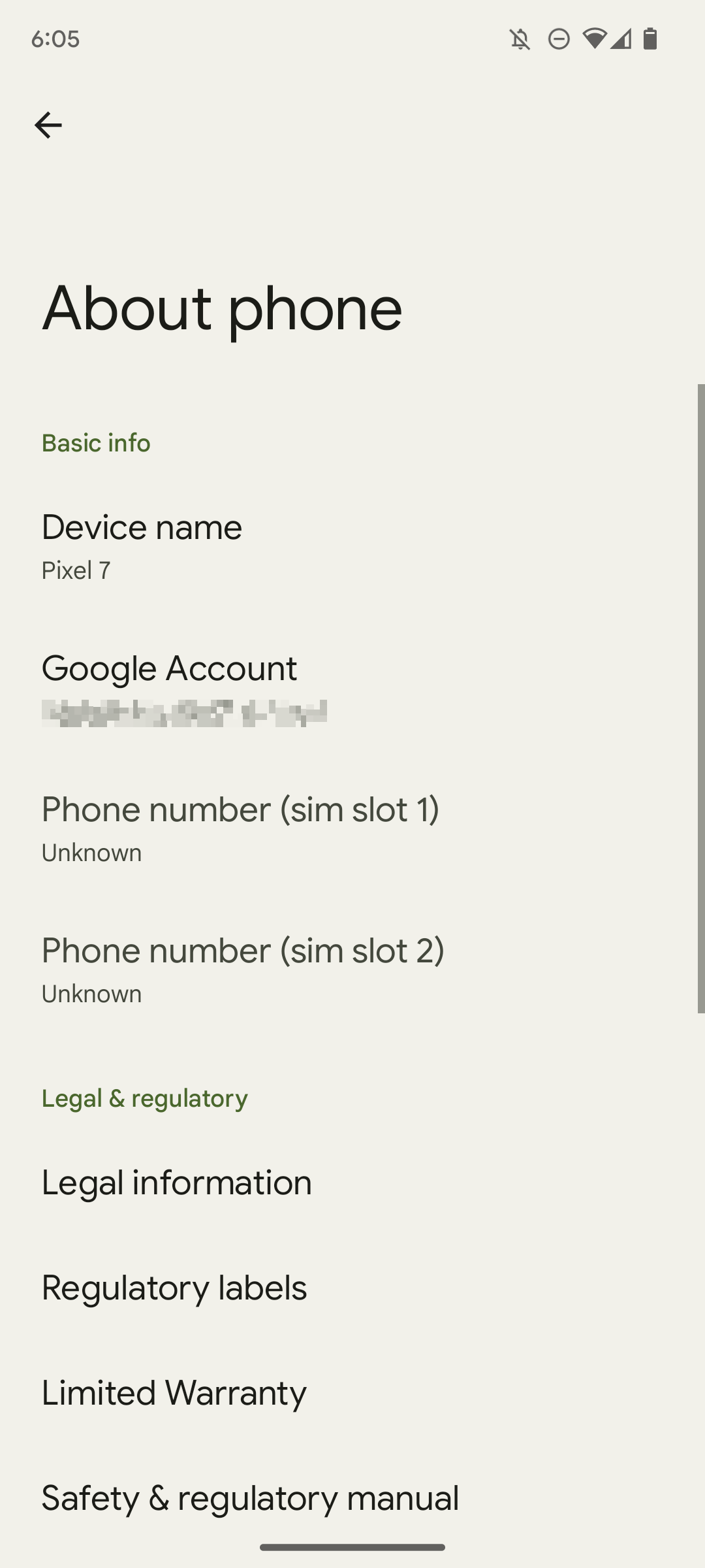Screenshot of Google Pixel 7's About phone settings screen