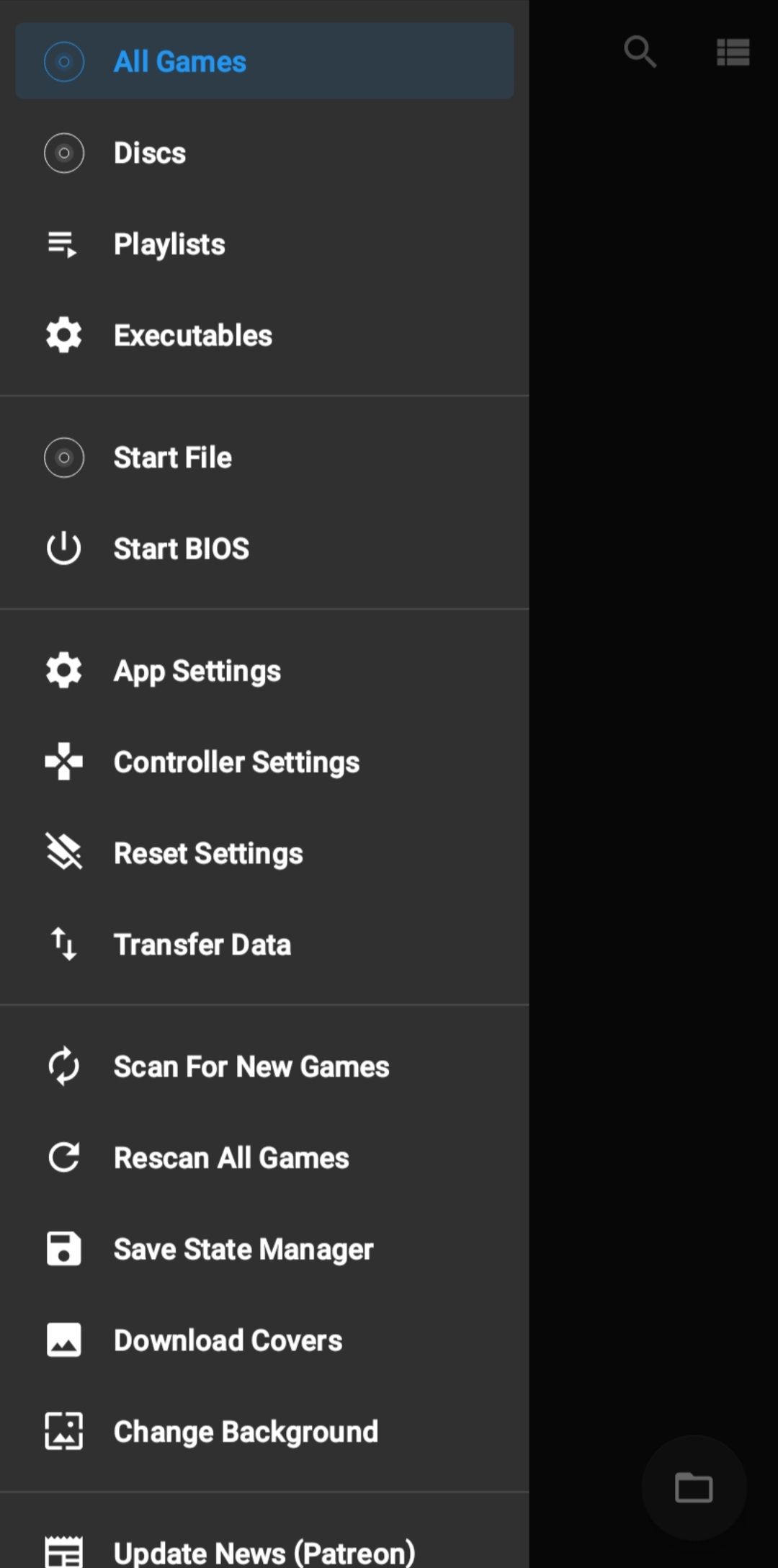 Screenshot of the AetherSX2A options menu