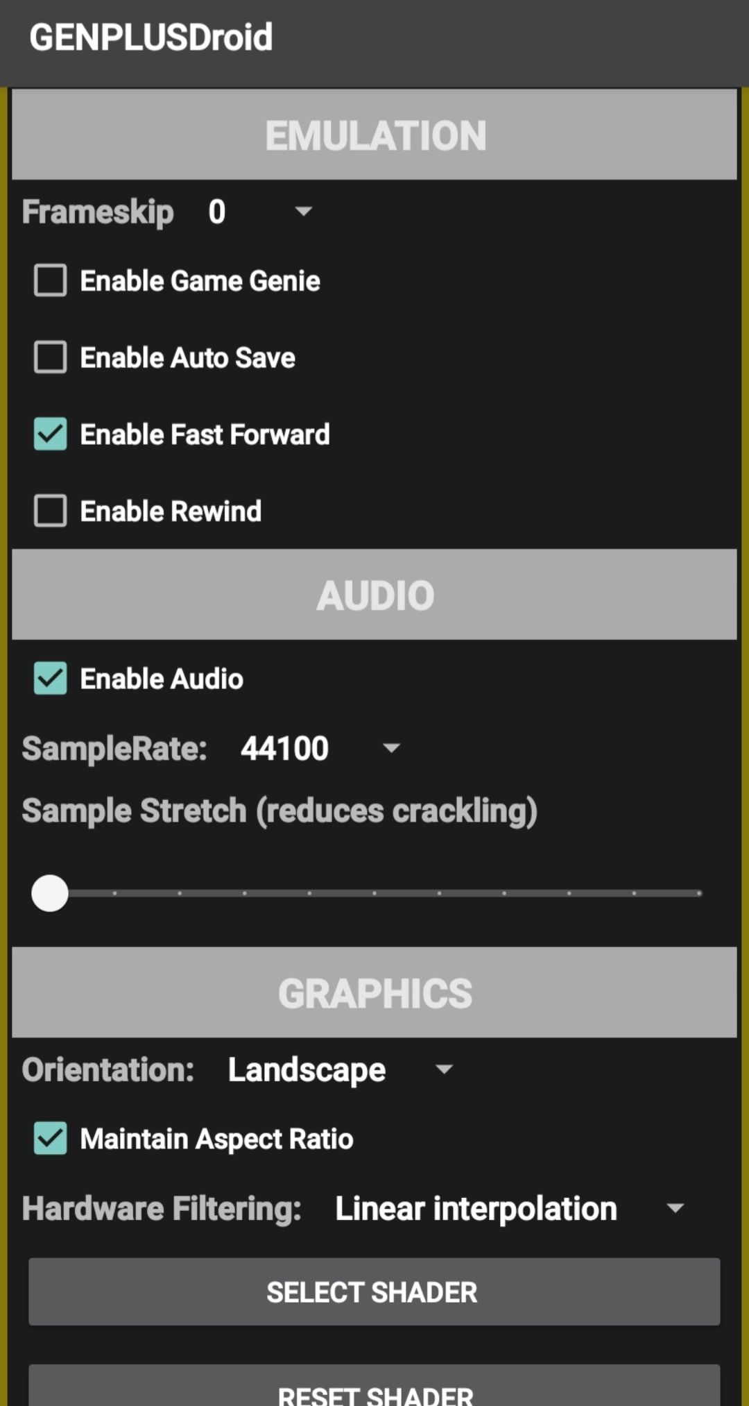 Screenshot of GENPLUSdroid options menu