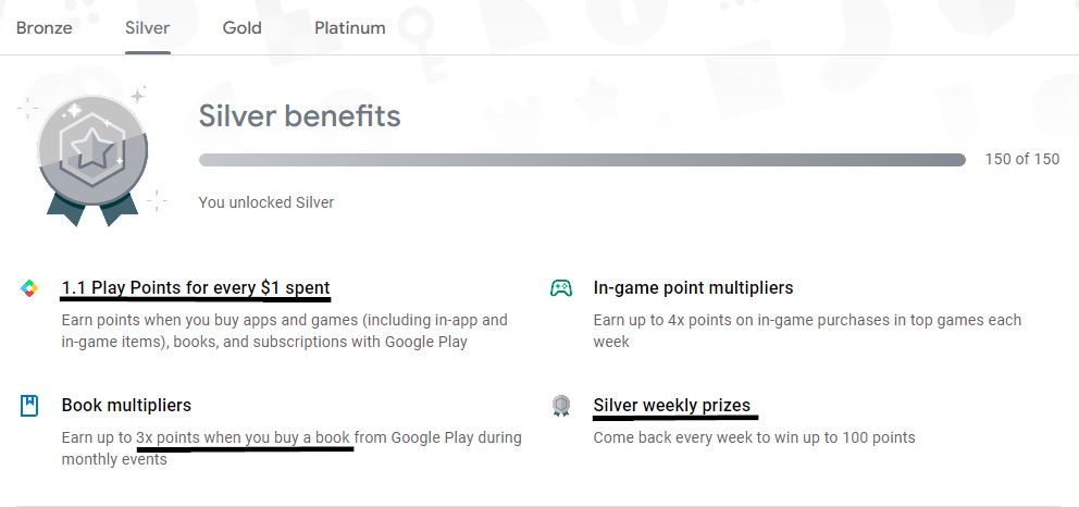 screenshot of google play points silver tier rewards