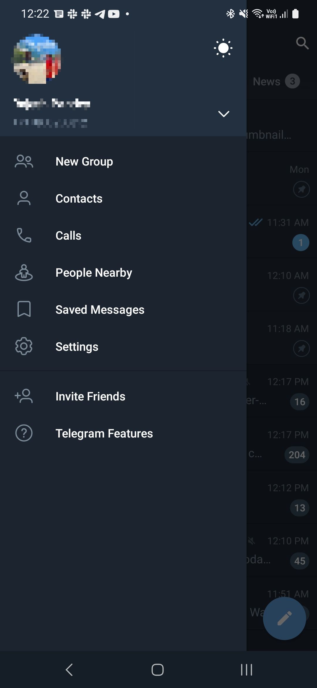 Telegram for Android Menu pane 